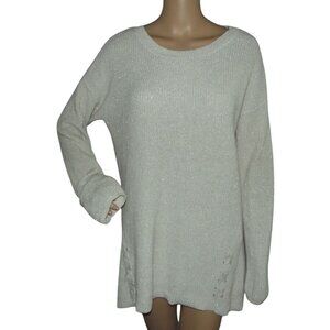 a.n.a. Sweater Womens Sz Large Beige Gold Sparkle long tunic lace up detail boho